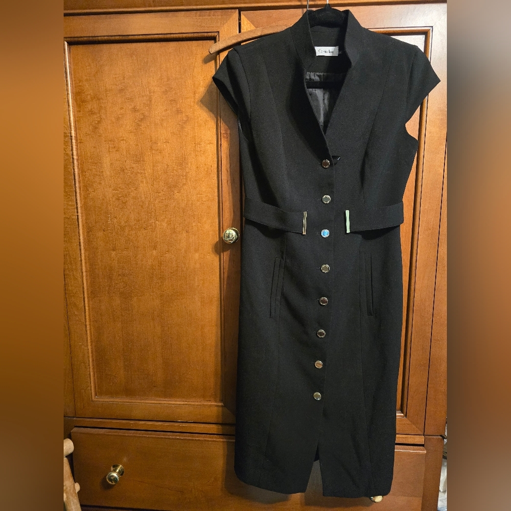 Elegant High Collar Calvin Klein Black Button-Down Dress